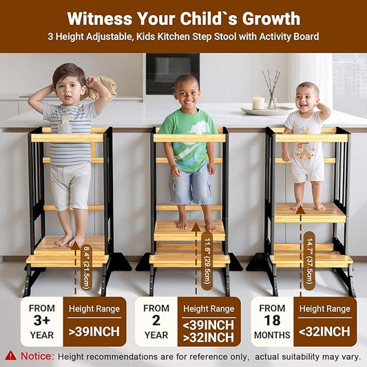 COSYLAND Kitchen Tower for Toddlers with Anti-Tip Support – Lightweight Toddler Kitchen Stool Helper for Bathroom Living Room Dining Room – Solid Bamboo Standing Tower (Natural & Black)