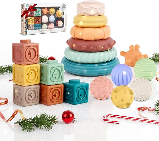 Montessori Toys for Babies, 3 in 1 Baby Toys 6 to 12 Months - Stacking Blocks & Sensory Balls & Soft Teething Rings, Newborn Learning Toys Activity Gifts for Toddlers 3-6-9-12 Months, 18PCS