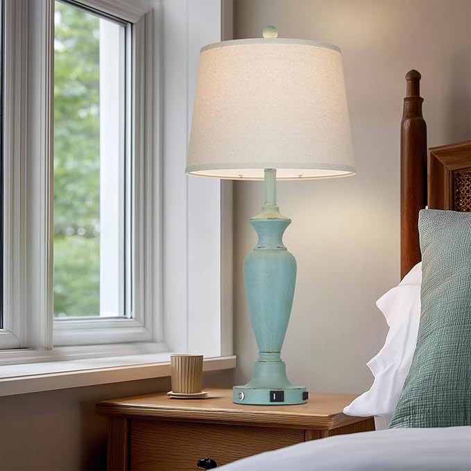 Cinyirong 30" Tall Metal Table Lamps Set of 2, Touch Control Bedside Lamps for Bedroom Nightstand, 3-Way Dimmable Farmhouse Lamp for Living Room with Charging Ports, Retro Blue (2 LED Bulbs Included)