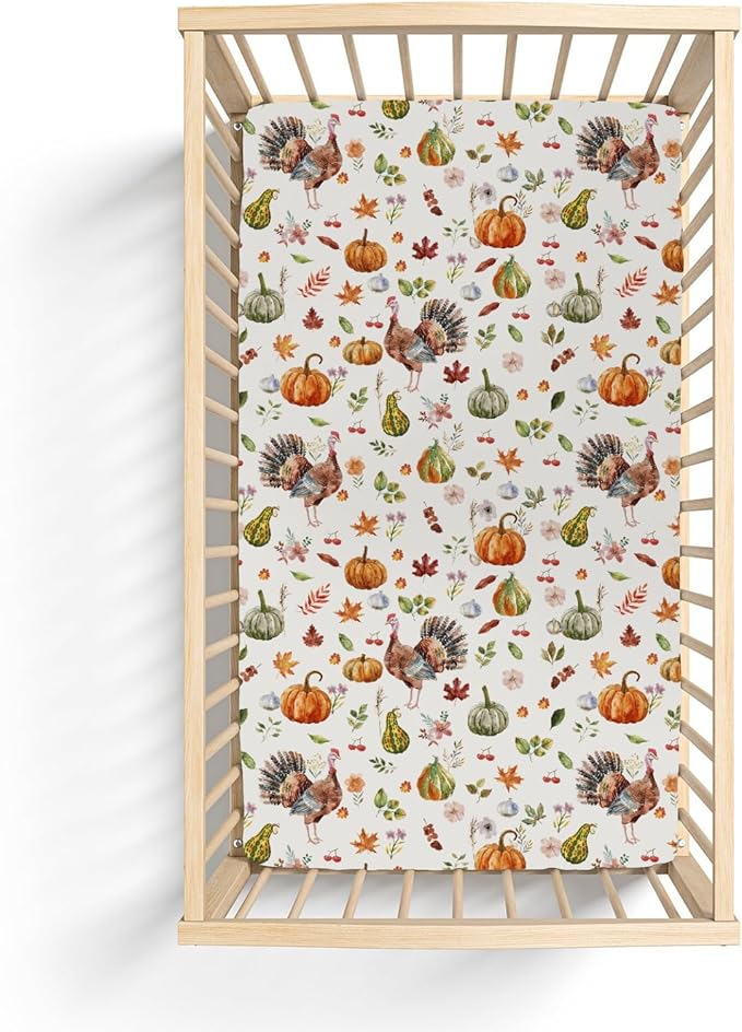 Thanksgiving Turkey Pumpkins Baby Crib Sheets for Boy Girl 52"x28" Vintage Autumn Leaves Soft Stretchy Fitted Crib Mattress Covers Fall Harvest Baby Sheet for Standard Crib and Toddler Bed Mattress