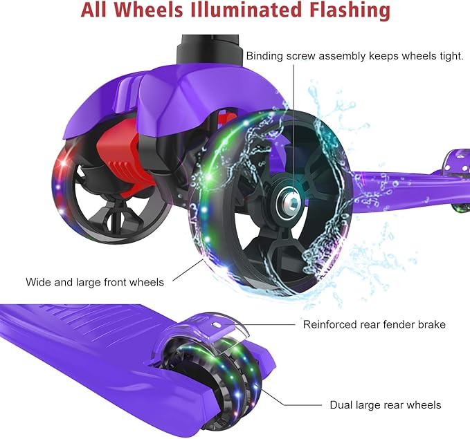 Allek Kick Scooter B02, Lean 'N Glide Scooter with Extra Wide PU Light-Up Wheels and 4 Adjustable Heights for Children from 3-12yrs (Purple)