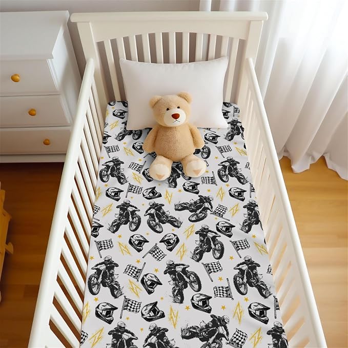 Watercolor Motorcross Bike Helmets Black Baby Crib Sheet for Boys & Girls 52x28Inch Race Motor Checkered Flag Baby Sheet for Standard Crib and Toddler Race Bed Sheet Motor One Size