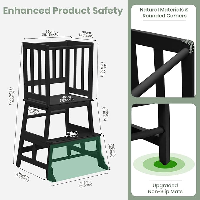 COSYLAND Kids Kitchen Step Stool Helper - Wooden Standing Tower for Kids with Anti-Tip Support Legs (Black)