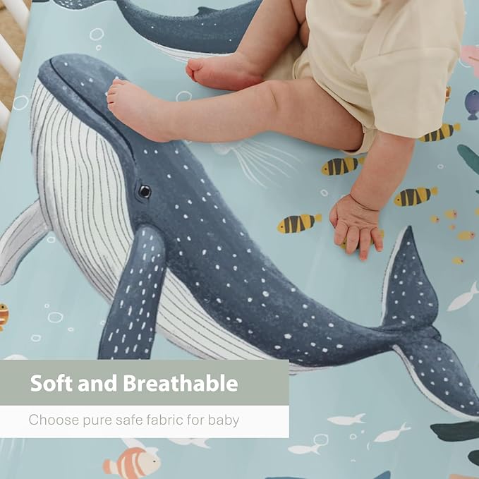 Boho Ocean Animals Baby Crib Sheets Boy Girl 28"x52" Whale Shark Jellyfish Coral Seaweed Soft Snug Fitted Crib Mattress Cover Nautical Coastal Marine Baby Sheet for Standard Crib & Toddler Mattress