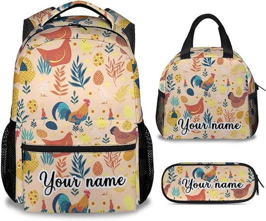 COOPASIA Personalized Chicken Backpack with Lunch Box and Pencil Case, 16 Inch Chicken Theme Bookbag with Adjustable Straps, Durable, Lightweight, Large Capacity, School Backpack for Girls Women