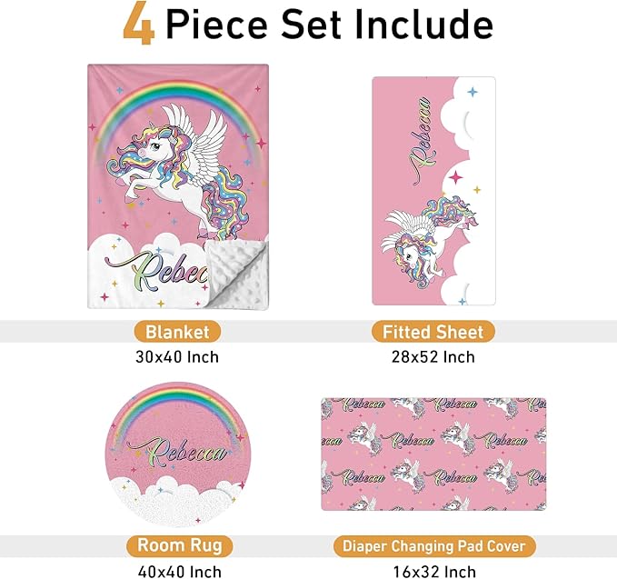 Personalized Crib Bedding Set - 4 Piece Custom Gift Pink Unicorn Crib Bed Set with Name, Soft Double Layer Blanket Set for Infant Baby Girl, Nursery Bedding Set for Toddler Boys