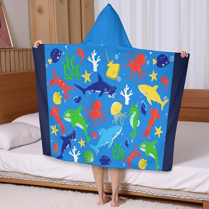 Thickened Hooded Towels for Kids Suitable Girls Boys Kids Bath Towels, 30"x50" Super Absorbent, Shark Cute Cartoon Toddler Towels Multi-Purpose for Beach, Pool and Bathroom