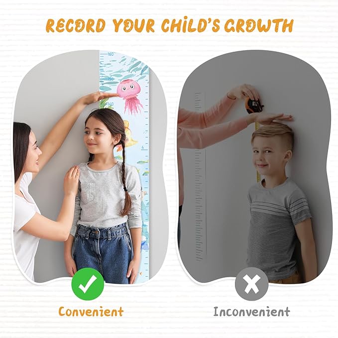 Woodemon Personalized Name Growth Chart for Wall, Painted Marine Animals Canvas Height Chart for Kids Baby Child Toddler, Canvas Growth Chart for Wall Nursery Decor, Hangable & Waterproof