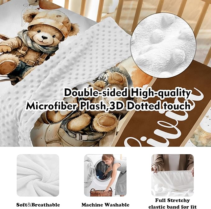 Custom Baby Crib Bedding Set, Personalized Name Balloon Bear Design Crib Set 3 Pcs, Soft Double Layer Blanket, Crib Sheet & Room Rug, Ideal Nursery Decor Gift for Baby Girls Boys