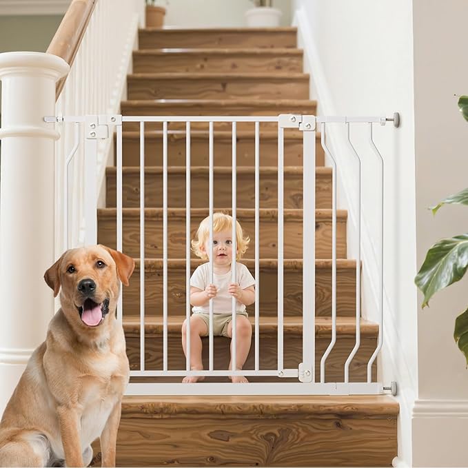 29-43" Baby Gate for Stairs, Baby Safety Essentials, Auto Close Gate for Doorways, Easy Install Pressure Mounted Dog Gate Indoor, Pet Gates for Dogs, White
