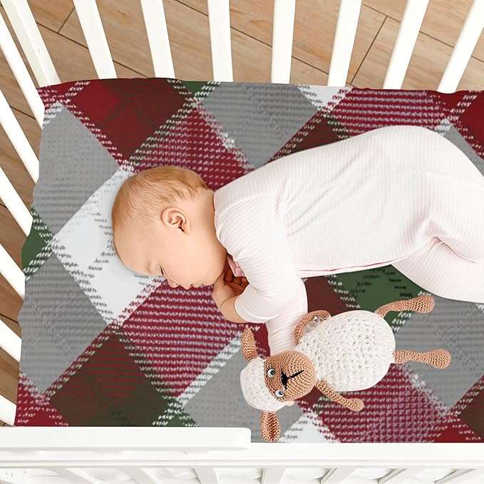 Christmas Plaid Pattern Red Crib Sheets Standard Crib Toddler Mattresses Cover Fitted Baby Bed Sheet Breathable Crib Mattress Sheet for Girls Boys 39''x27''x9''