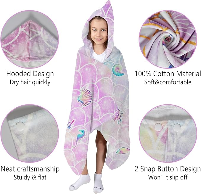 Thickened Hooded Towels for Kids Suitable Girls Boys Kids Bath Towels, 30"x50" Super Absorbent, Mermaid Tail Cute Cartoon Toddler Towels Multi-Purpose for Beach, Pool and Bathroom