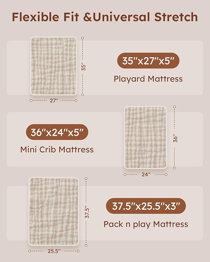 Muslin Pack and Play Sheets Fitted, 100% Cotton Mini Crib Sheets 2 Pack for Pack N Play Mattress, Stretchy Playard Sheet, Soft and Breathable Beige & Brown