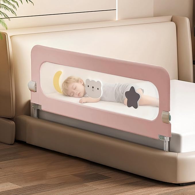 U Type Toddler Bed Rail Guard, Foldable Bed Rails for Toddlers, Adjustable, Safety, Convenient, Guard Rail with Twin, Full, Queen& King Size (Pink Cartoon, 71inch)