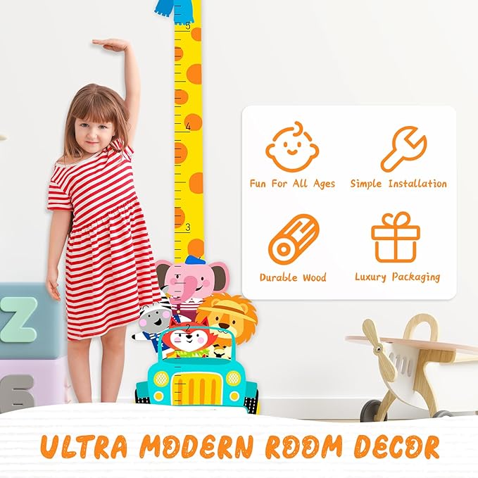 Woodemon Personalized Name Wooden Growth Chart for Wall, Animal Travel Wood Baby Height Growth Chart Wall Kids Room Nursery Wall Decor