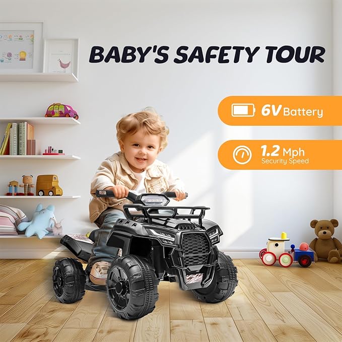 ATV for Kids, 6V Battery Powered Toddler 4 Wheeler w/Music, Light, 1.2mph Max Speed, Kids ATV 4 Wheeler for Toddlers Aged 1.5-3 Years Old, Black