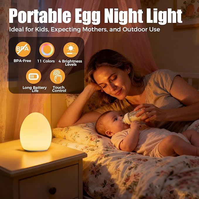 Harmobub Baby Night Light, Silicone Egg Light for Kids, Portable Touch Night Lamp with 11 Colors Changing, Nursery Night Light for Breastfeeding, BPA Free, Eye Caring, Soft