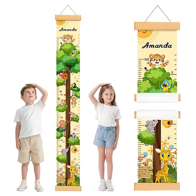 Personalized Wooden Painted Trees and Animals Hanging Canvas Height Ruler, Height Growth Chart for Baby, Kids Measuring Chart for Wall, Kids Room Wall Decor, Removable & Waterproof Growth Chart