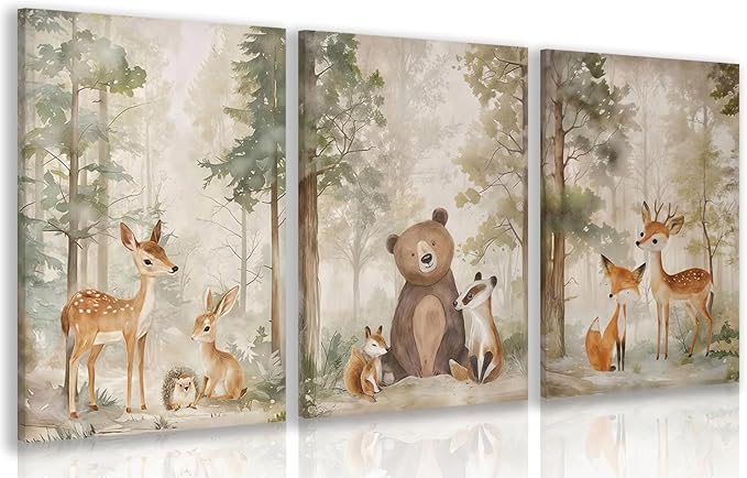 LLEEMPI Framed Woodland Nursery Wall Decor Set of 3, Cute Forest Animal Wall Art, Bear Fox Deer Watercolor Canvas Prints, Vintage Nature Poster Prints for Kids Bedroom Bathroom Playroom 12x16 Inch
