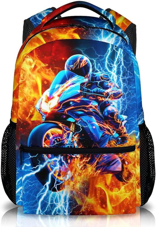CustomWish Backpack for Boys, Motorcycle Backpack for Kids Teens, Durable School Supplies for Kindergarten Primary Middle Senior, 17 Inch Cool Car Bookbag for School Travel Work