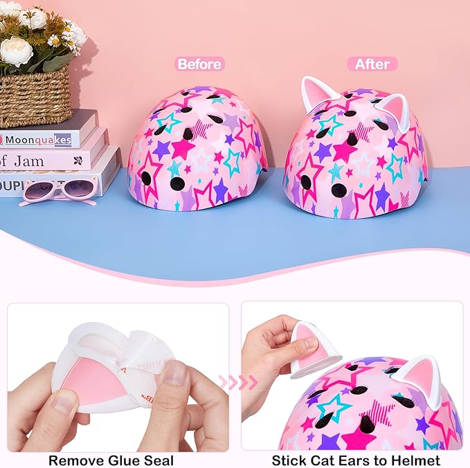 Kids Helmet, Bike Helmets for Kids 8-14 with Knee Pads and Elbow Pads Wrist Guards, Adjustable Youth Girls Bike Helmet with DIY Cat Ears Skateboard Helmet for Scooter Skating Cycling