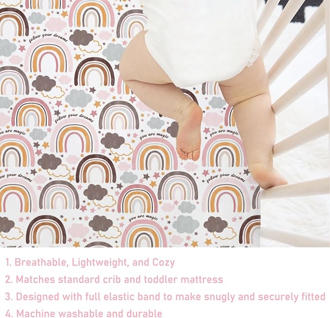 Colorful Boho Rainbow Baby Crib Sheet 52''x28'' Cute Rainbow Clouds Stars Fitted Crib Mattress Cover for Boy Girl Soft Bed Sheet for Standard Size Crib and Toddler Mattresses