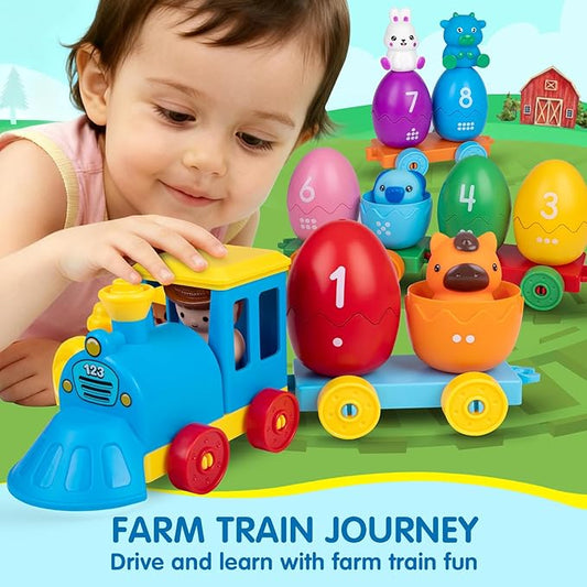 Toddler Learning Toys for 1 2 3 Years Old, Count Matching & Sorting Montessori Farm Train Set with 8 Farm Animals & 1 Farmer Finger Puppets, Christmas Easter Birthday Gift for Baby Boys Girls