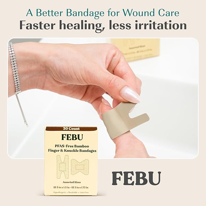 FEBU Eco-Friendly Bamboo Fingertip Bandages | PFAS Free Knuckle Bandages for First Aid | Flexible Fabric Wound Dressing | Fully Compostable, Latex Free Bandage | 30 Count Knuckle & Finger Bandage