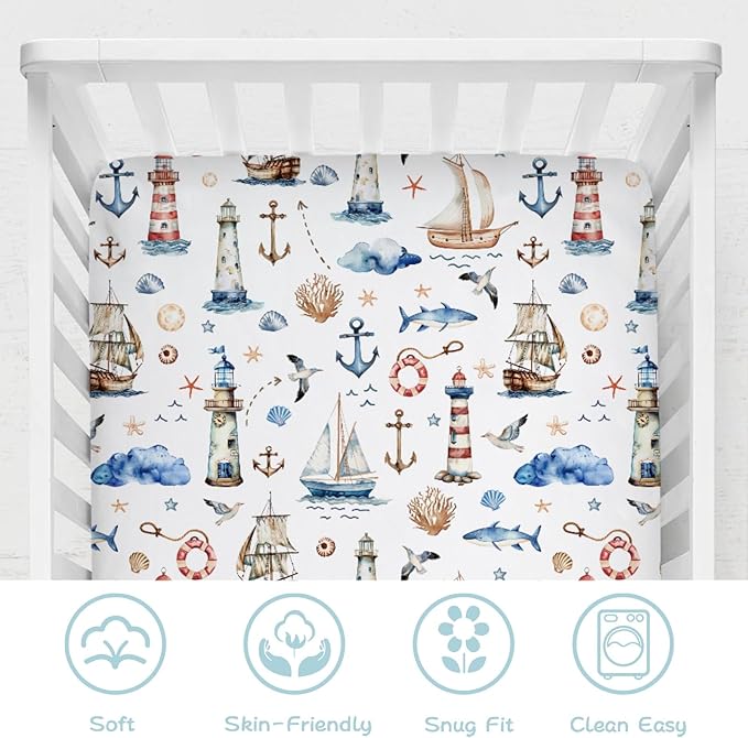 Watercolor Sailing Adventure Baby Crib Sheet 52''x28'' Nautical Life Lighthouse Boat Anchor Stretchy Fitted Crib Mattress Cover Boy Girl Beach Summer Baby Bed Sheet for Standard Crib Toddler Mattress