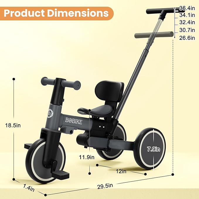 BoBike 5-in-1 Tricycle for Toddlers 18 Months to 5 Years, Kids Bike with Upgraded Pedals, Parent Push Handle, Balance Bike & Easy Assembly for Boys Girls (Grey)