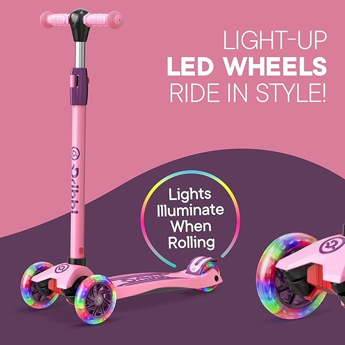 Dribbl 3-Wheel Kids Scooter - Lean-to-Steer Technology, Adjustable Height Handlebar, Wide Deck, Scooter for Boys & Girls Ages 3+, Child Safety Approved, Support Riders Up to 165 lbs, Purple and Pink