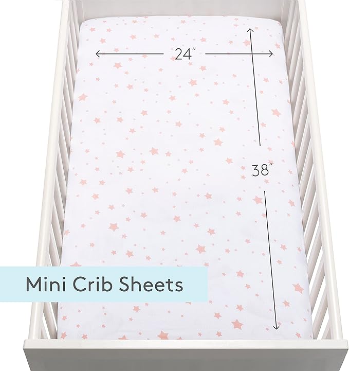 Newton Baby Fitted Mini Crib Sheets (2-Pack) | Organic Muslin Cotton, Breathable & Soft Baby Sheets, Washable Baby Mattress Sheets, Fits Mini Crib Mattresses 24" x 38", Stardust Coral & Plain White