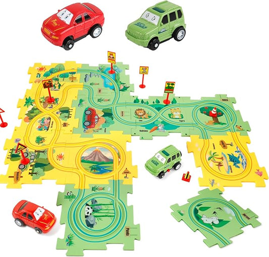 Plastic Floor Puzzles for Kids Ages 3-5 with 2 Cute Vehicles, Race Tracks for Kids 3-5, Puzzle Racer Kids Car Track Set, Toys for 3 4 5 6 Year Old Boys Girls, STEM Toys for Kids