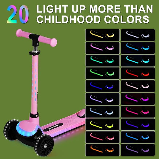 Light-Up Scooter for Kids 3-8,20 Dynamic Light Patterns for Evening Play Safety - Lean-to-Steer Kick Scooter with Adjustable Handlebar (Grows with Child) - Gift for Boys & Girls