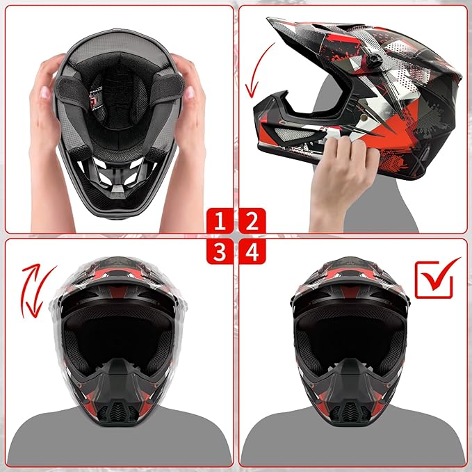 Youth Kids Motocross Helmet, Adult ATV Dirt Bike Helmet with Goggles Gloves & Mask Quick, Full Face Motorcycle Helmet with Quick Release Buckle DOT Certified