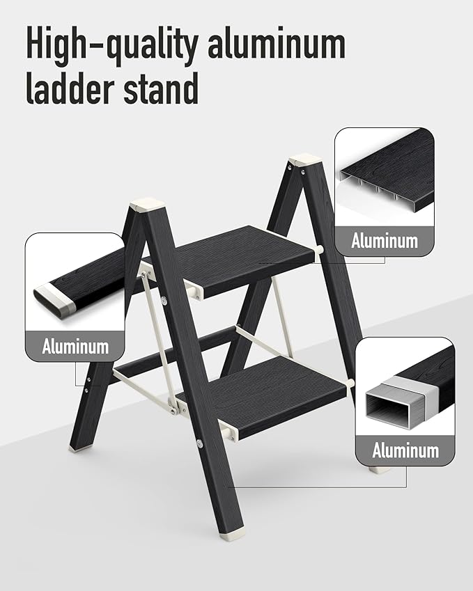 Mayi Plus 2 Step Ladder,Aluminum Folding Step Stool for Adults,Step Ladder with Wide Anti-Slip Pedal,330 lbs Capacity for Home,Kitchen,Library,Office(Ebony Woodgrain)