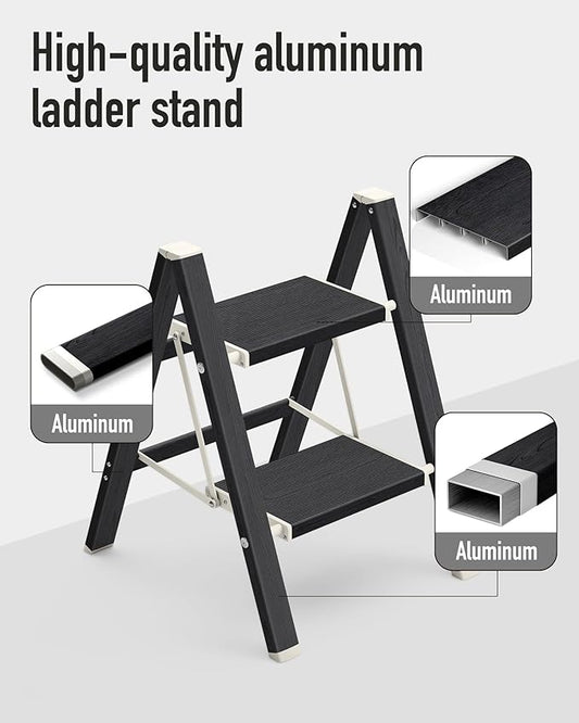 Mayi Plus 2 Step Ladder,Aluminum Folding Step Stool for Adults,Step Ladder with Wide Anti-Slip Pedal,330 lbs Capacity for Home,Kitchen,Library,Office(Ebony Woodgrain)