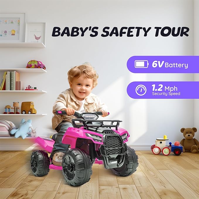 ATV for Kids, 6V Battery Powered Toddler 4 Wheeler w/Music, Light, 1.2mph Max Speed, Kids ATV 4 Wheeler for Toddlers Aged 1.5-3 Years Old, Pink