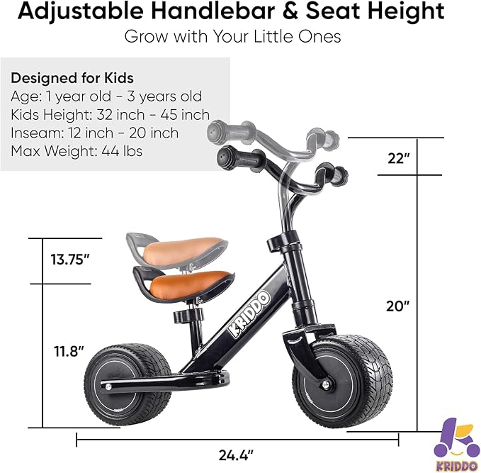 KRIDDO 1-2 Year Old Balance Bike, Mini Cruiser for First Birthday, Black