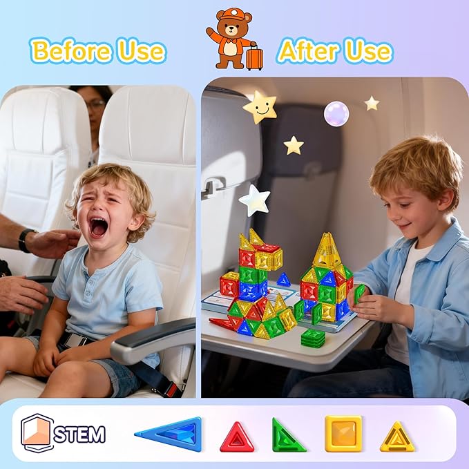 60pcs Mini Magnetic Tiles for Kids Ages 3-8,Travel Magnetic Building Blocks with Metal Storage Box, STEM Educational Toys, Montessori Sensory Learning Toys for Toddlers, Boys & Girls Christmas Gift