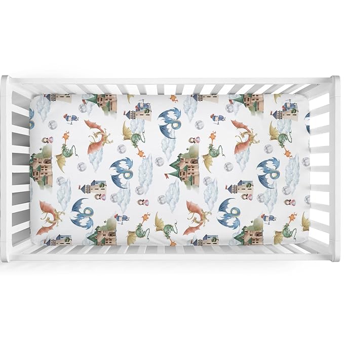 Fairytale Dragons Castle Baby Crib Sheet 52''x28'' Cute Dragon Princess Knight Moon Clouds Stretchy Fitted Crib Mattress Cover for Boy Girl Bed Sheets for Standard Crib Toddler Mattress