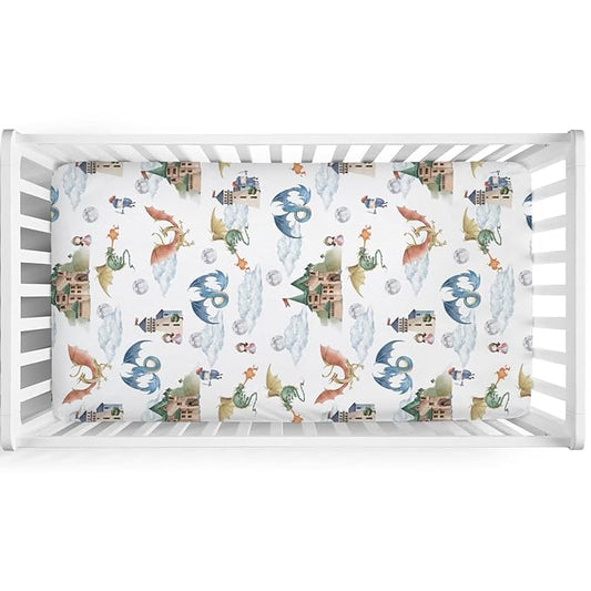 Fairytale Dragons Castle Baby Crib Sheet 52''x28'' Cute Dragon Princess Knight Moon Clouds Stretchy Fitted Crib Mattress Cover for Boy Girl Bed Sheets for Standard Crib Toddler Mattress