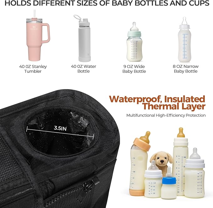 WUUTER Stroller Organizer with Cup Holder Detachable Wristlet Large Capacity Baby Stroller Bag for Mom, Fits Uppababy, Baby Jogger, Britax, BOB, More (Black)