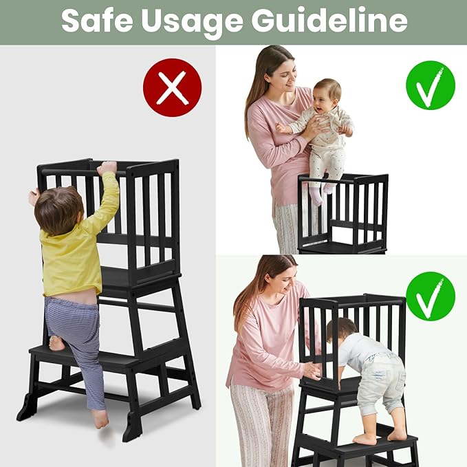 COSYLAND Kids Kitchen Step Stool Helper - Wooden Standing Tower for Kids with Anti-Tip Support Legs (Black)