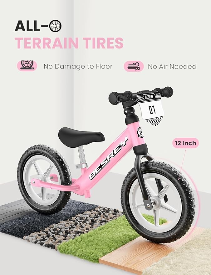 besrey Toddler Balance Bike 2 Year Old: Sturdy All-Metal Frame + 12" Auto-Light Wheels & Bonus 4 Stickers + Customize Plate, Toddler Bike with Adjustable Seat for Kids 2-5 Gift Bike for Boys Girls