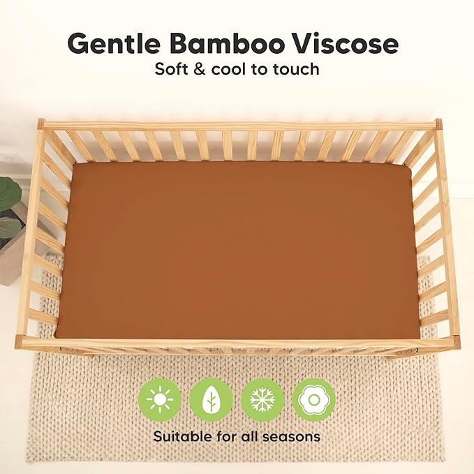 2-Pack Waterproof Baby Crib Sheets for Boys, Girls - 52x28 Viscose Derived from Bamboo Toddler Bed Sheet Neutral, Fitted Crib Mattress Protector Cover for Baby Bedding, Soft & Gentle (Rust)