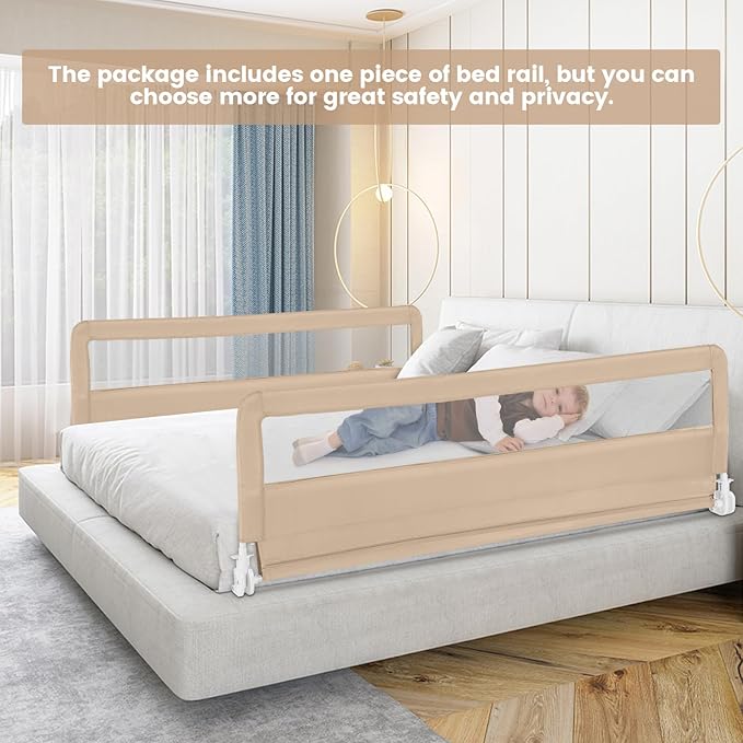 HONEY JOY Bed Rail for Toddlers, 71-in Extra Long, Portable Safety Bed Guardrail w/Double Safety Child Lock, Foldable Baby Bed Rail Guard, Fit King & Queen Full Twin Size Bed Mattress(Beige, Pack 1)