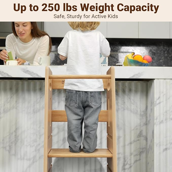 COSYLAND 3 Levels Adjustable Toddler Standing Tower - 33.5IN/85CM Stable Kids Kitchen Step Stool with Protective Crossbar - Wooden Toddler Kitchen Stool Helper(All Natural)
