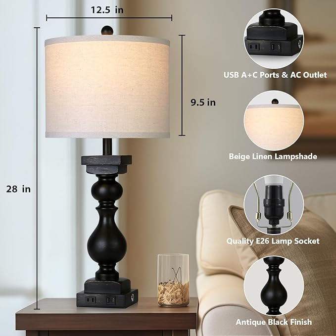 MOUVOVO 28" Tall Farmhouse Table Lamps Set of 2 with USB C+A Ports and AC Outlet, 3 Way Touch Tall Rustic Bedside Lamps for Living Room, Black Vintage Lamps for Bedroom