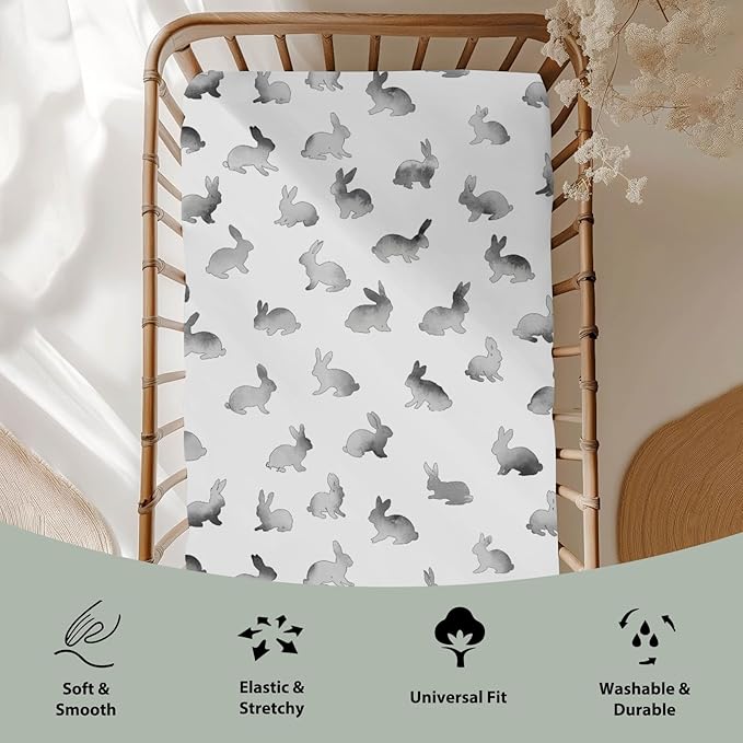 Vintage Gray Rabbit Baby Crib Sheets for Boy Girl 28"x52" Retro Bunny Soft Stretchy Fitted Crib Mattress Cover Spring Garden Animal Nursery Baby Sheet for Standard Crib & Toddler Mattress Pad